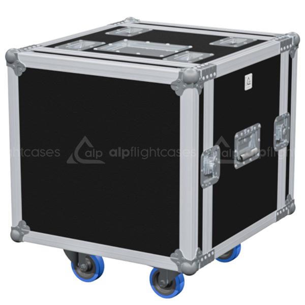 Exterior front view of the 19 inch 10U anti-shock rack with wheels, PVC finish, and stacking dishes by ALP Flight Cases