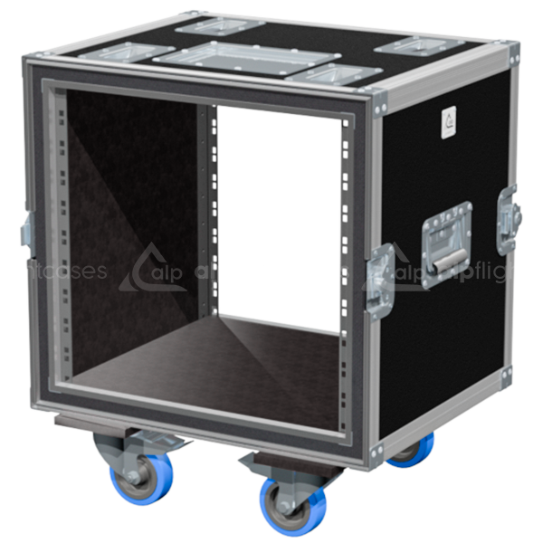Open view of the anti-shock rack flight case demonstrating the 10U internal foam suspension system
