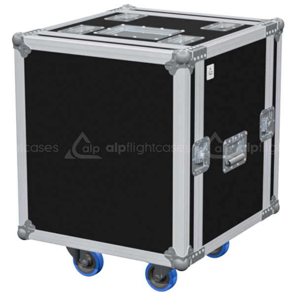 Exterior front view of the 19 inch 12U anti-shock rack with wheels, PVC finish, and stacking dishes by ALP Flight Cases