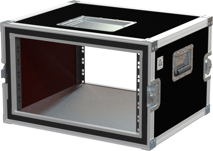Open view of the anti-shock rack flight case demonstrating the 6U internal foam suspension system