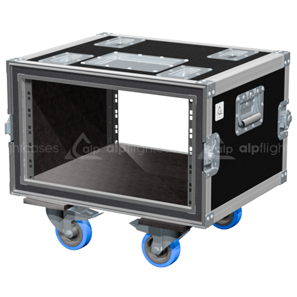 Exterior front view of the 19 inch 6U anti-shock rack with wheels, PVC finish, and stacking dishes by ALP Flight Cases