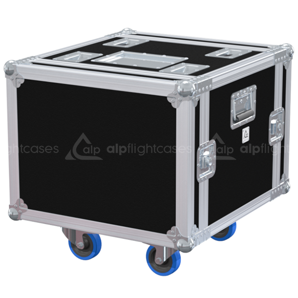 Exterior front view of the 19 inch 6U anti-shock rack with wheels, PVC finish, and stacking dishes by ALP Flight Cases