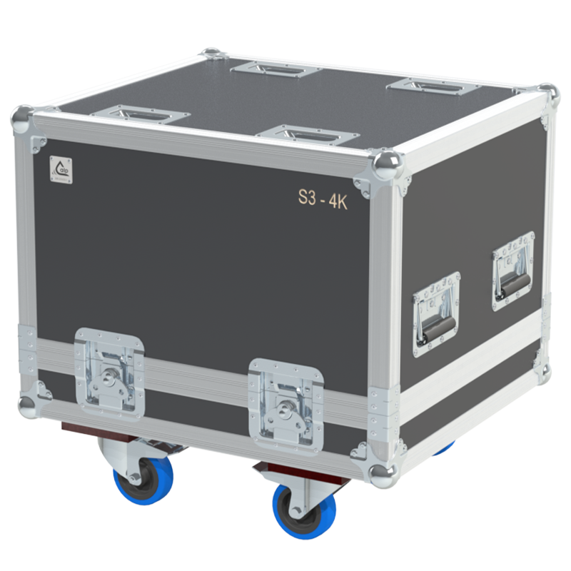 Exterior front view of the Barco S3 - 4K rack flight case featuring PVC finish, stacking dishes, and heavy-duty 100mm wheels by ALP Flight Cases