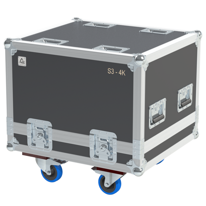 Exterior front view of the Barco S3 - 4K rack flight case featuring PVC finish, stacking dishes, and heavy-duty 100mm wheels by ALP Flight Cases