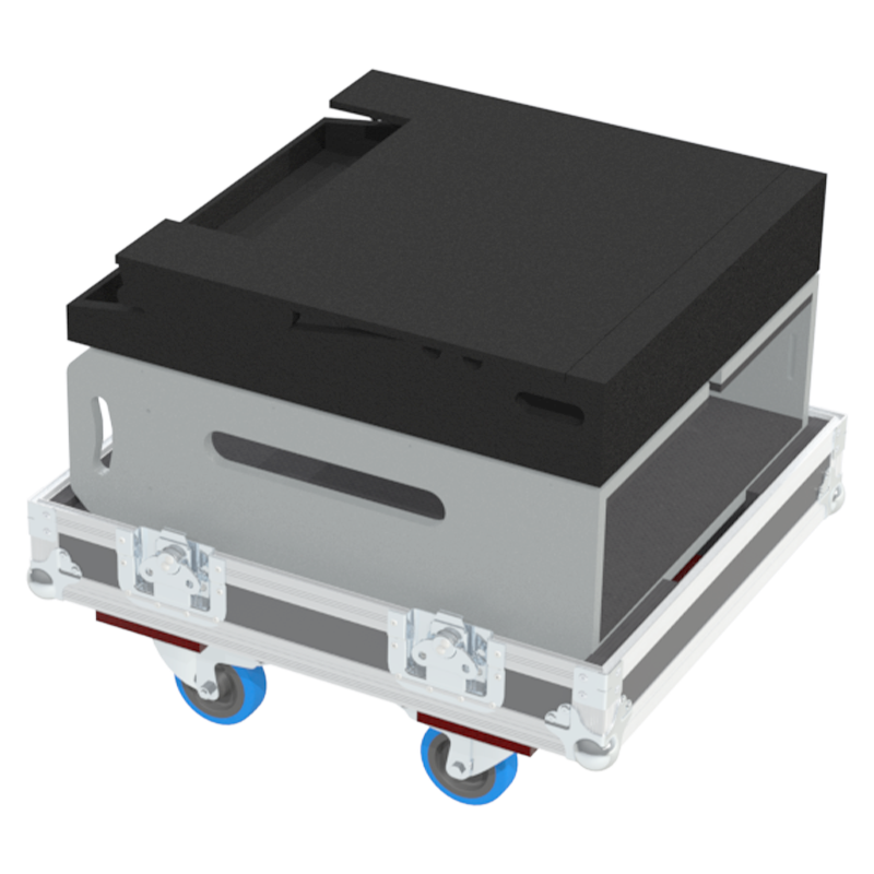 Top view of the rack flight case illustrating the four integrated stacking dishes for safe, vertical storage and the recessed tour label dish