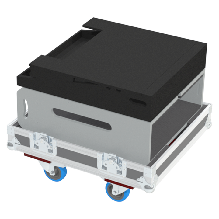 Top view of the rack flight case illustrating the four integrated stacking dishes for safe, vertical storage and the recessed tour label dish