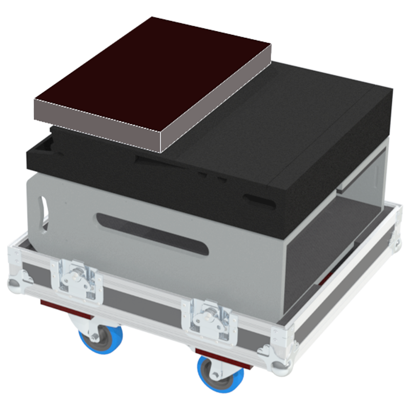 Close-up of the heavy-duty 100mm castors, including the braking mechanism, ensuring safe mobility for the video processing rack