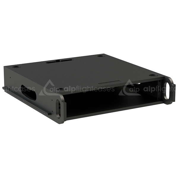 Front view of the ultra-compact 2U 500mm depth rental rack finished in semi-matte black by ALP Flight Cases