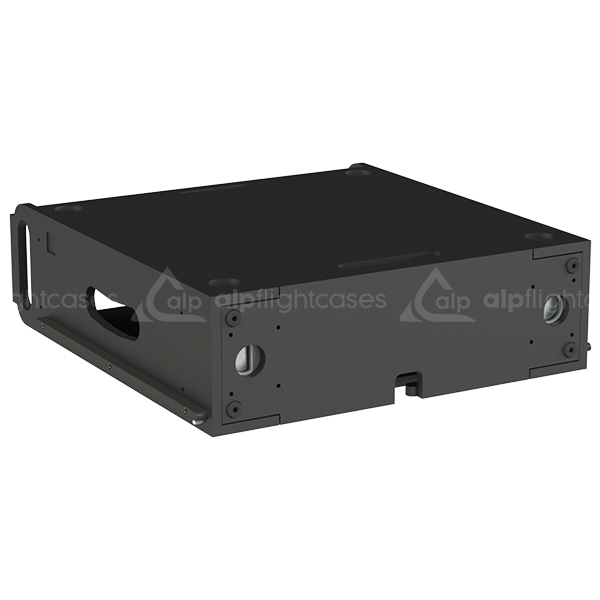 Front view of the compact 3U 500mm depth rental rack finished in semi-matte black by ALP Flight Cases