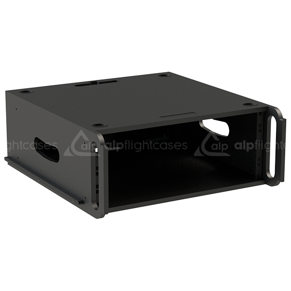 Front view of the 4U 500mm depth rental rack finished in semi-matte black by ALP Flight Cases
