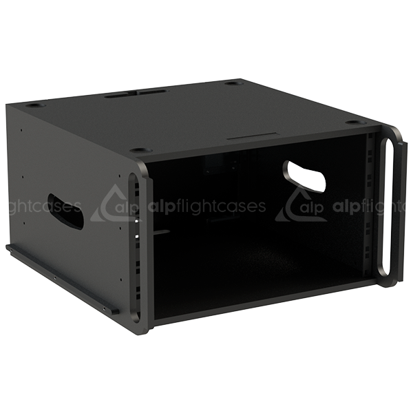 Front view of the 6U 500mm depth rental rack finished in semi-matte black by ALP Flight Cases
