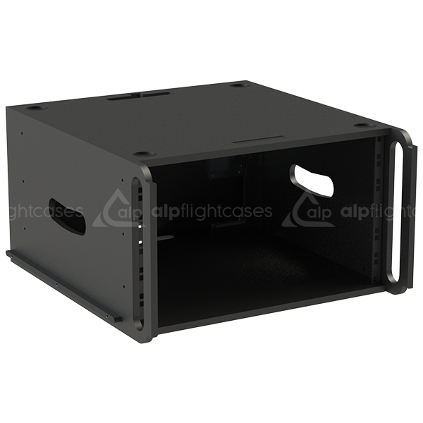 Front view of the 6U 500mm depth rental rack finished in semi-matte black by ALP Flight Cases