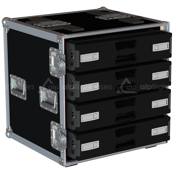 Professional rental rack flight case open with premium broadcast and touring hardware installed inside