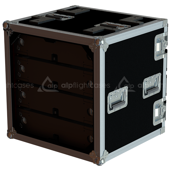 Professional rental rack flight case open with premium broadcast and touring hardware installed inside