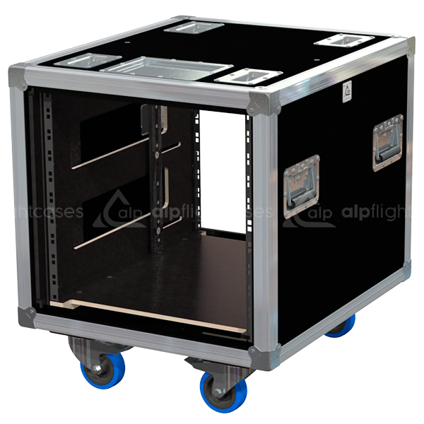 Empty interior of the 10U 550mm side sliding rack flight case highlighting the front and rear 19 inch rack plumb columns