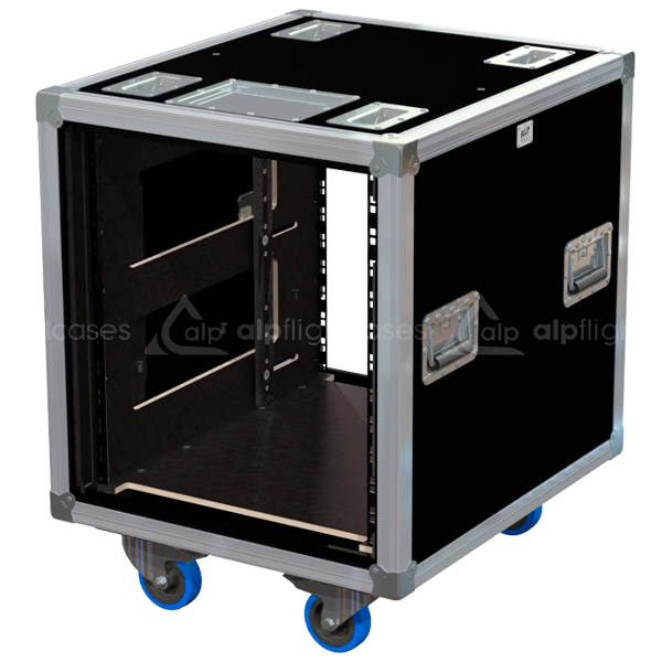 Empty interior of the 12U 550mm side sliding rack flight case highlighting the front and rear 19 inch rack plumb columns