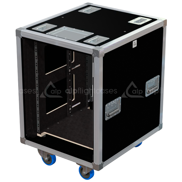 Empty interior of the 12U 550mm side sliding rack flight case highlighting the front and rear 19 inch rack plumb columns