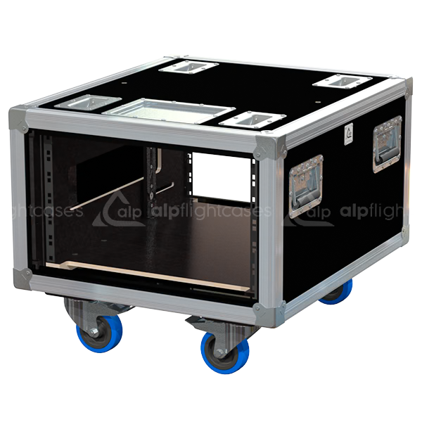 Empty interior of the 4U 550mm side sliding rack flight case highlighting the front and rear 19 inch rack plumb columns