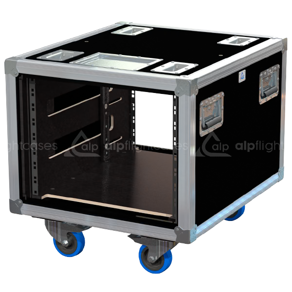 Empty interior of the 8U 550mm side sliding rack flight case highlighting the front and rear 19 inch rack plumb columns