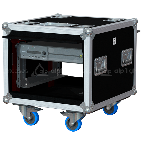 Professional 19 inch sliding rack case open with heavy technical hardware installed inside the 6U slots