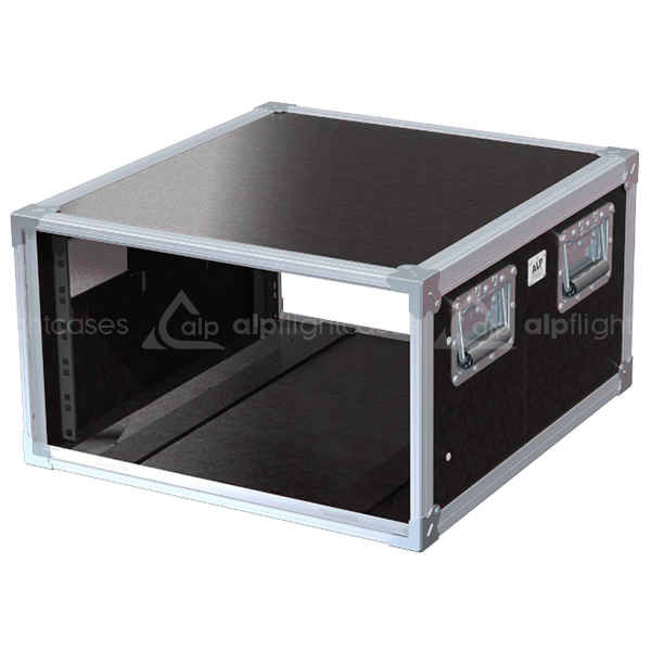 Empty interior of the 6U 550mm rack flight case highlighting the front and rear 19 inch rack plumb columns