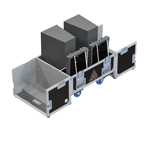 Two Adamson S7P loudspeakers and V2 Yoke Frames safely secured inside the custom flight case for professional rental rear view