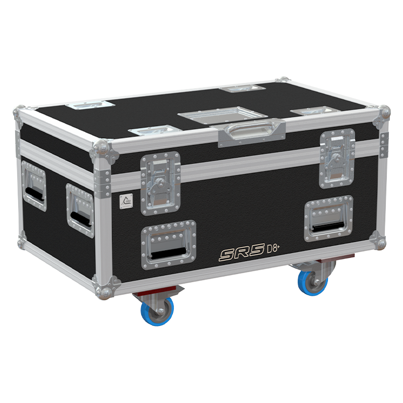 Front view of ALP professional flight case for 2x Verlinde SR5 D8+ 0.5T motors with wheels