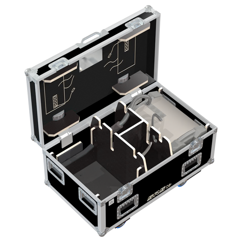 Open ALP flight case loaded with 2x Verlinde SR5 D8+ 0.5T motors secured inside.