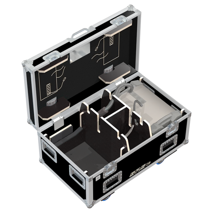 Open ALP flight case loaded with 2x Verlinde SR5 D8+ 0.5T motors secured inside.