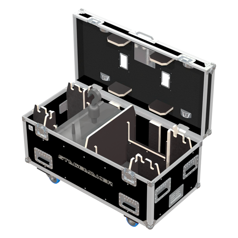 Open ALP flight case loaded with 2x Verlinde Stagemaker SR10 motors secured inside.