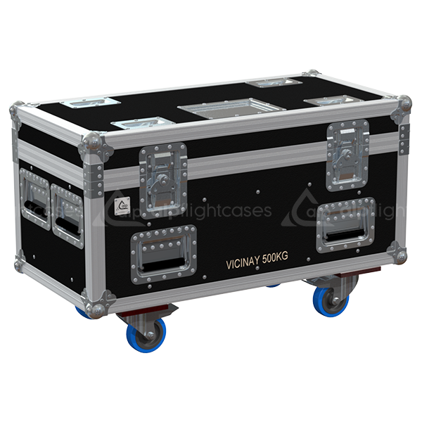 Front view of ALP professional flight case for 2x Vicinay 0.5T motors with wheels