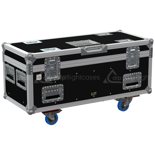 Front view of ALP professional flight case for 2x Vicinay 0.5T V2 motors with wheels